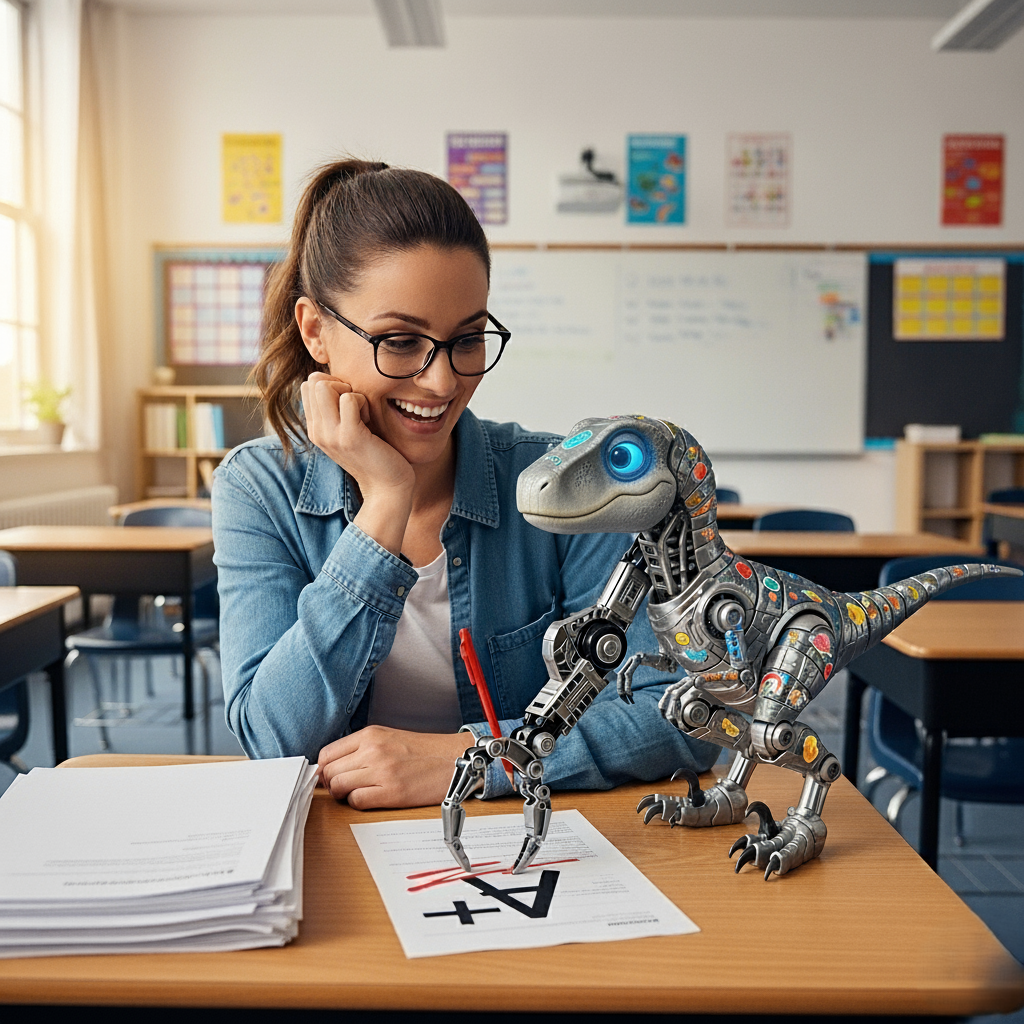 A robotic velociraptor, the mascot for VelociGrader, symbolizing speed and intelligence